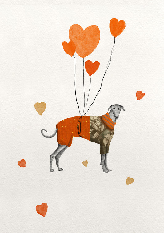 "The greyhound with the balloons" Art print with frame